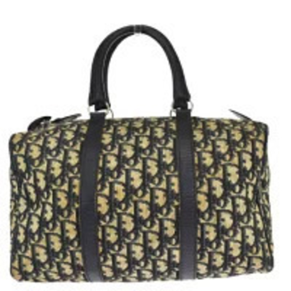 Christian Dior Trotter Handbag Boston Navy Blue Canvas Leather